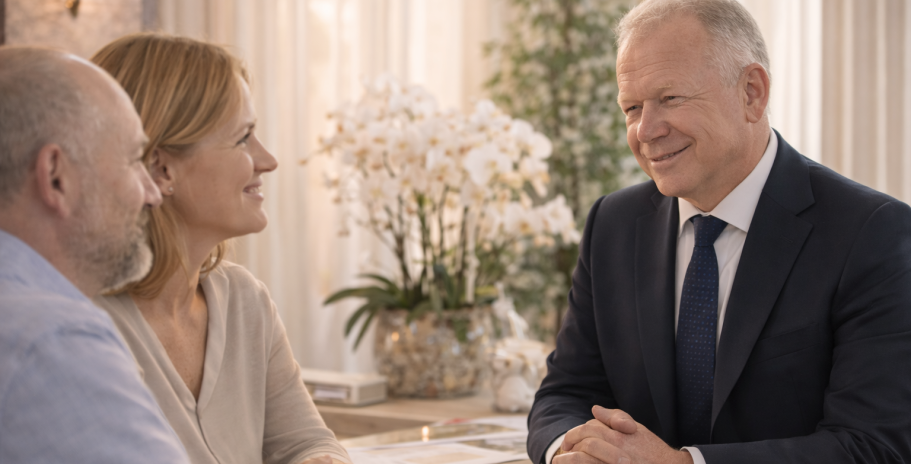 KI Generiert Fredi Tabbert in einer Beratung mit einem Paar in einem hellen, blumigen Raum.